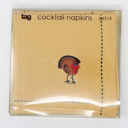 Cloth Cocktail Napkins, Embroidered Turkeys, Mustard Yellow, Set of 4, SOLD