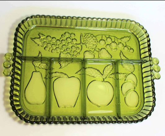 Divided Serving Tray, Indiana Glass, Fruits Avocado Green, Vintage, SOLD