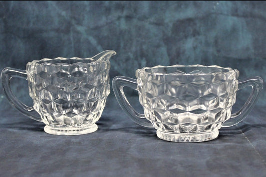 Creamer & Open Sugar, Jeannette Glass, Cube Clear, Vintage