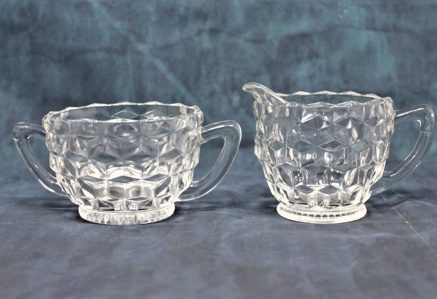 Creamer & Open Sugar, Jeannette Glass, Cube Clear, Vintage