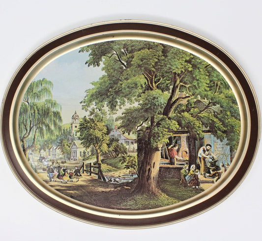 Vintage Metal Tray, Currier & Ives, The Village Blacksmith 