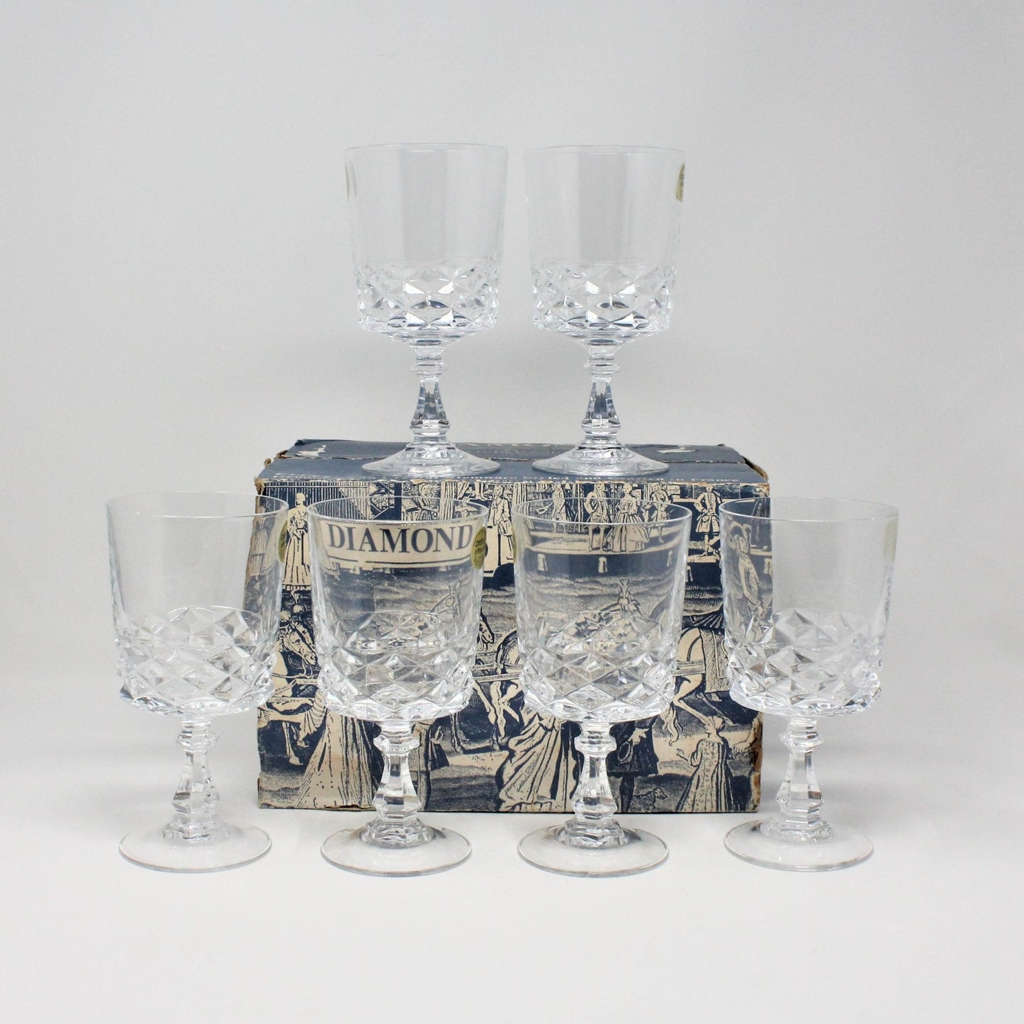 Water Goblets, Cristal d'Arques, Diamond, Set of 6, France, Vintage