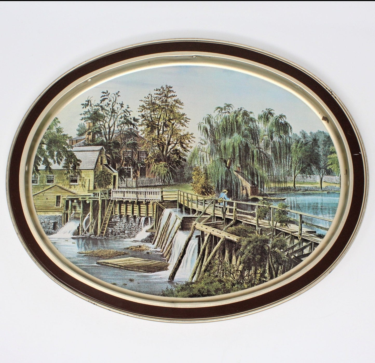 vintage metal tray, Currier & Ives, The Mill Dam at Sleepy Hollow