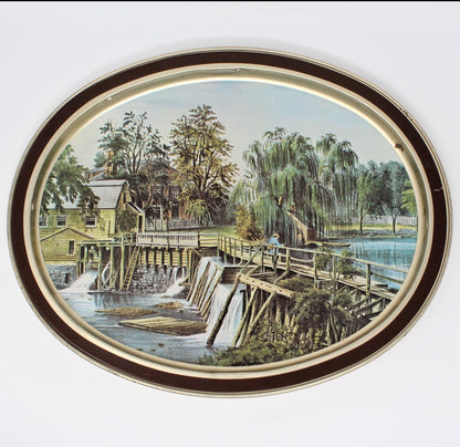 vintage metal tray, Currier & Ives, The Mill Dam at Sleepy Hollow
