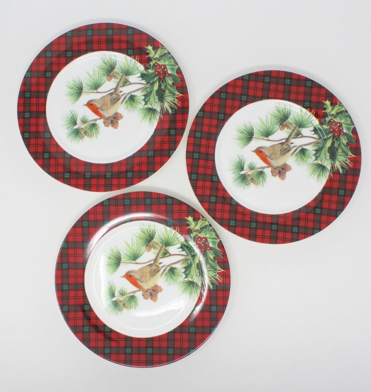 Dessert / Salad Plates, Stechcol, Holiday Tartan with Bird, Bone China, Set of 3