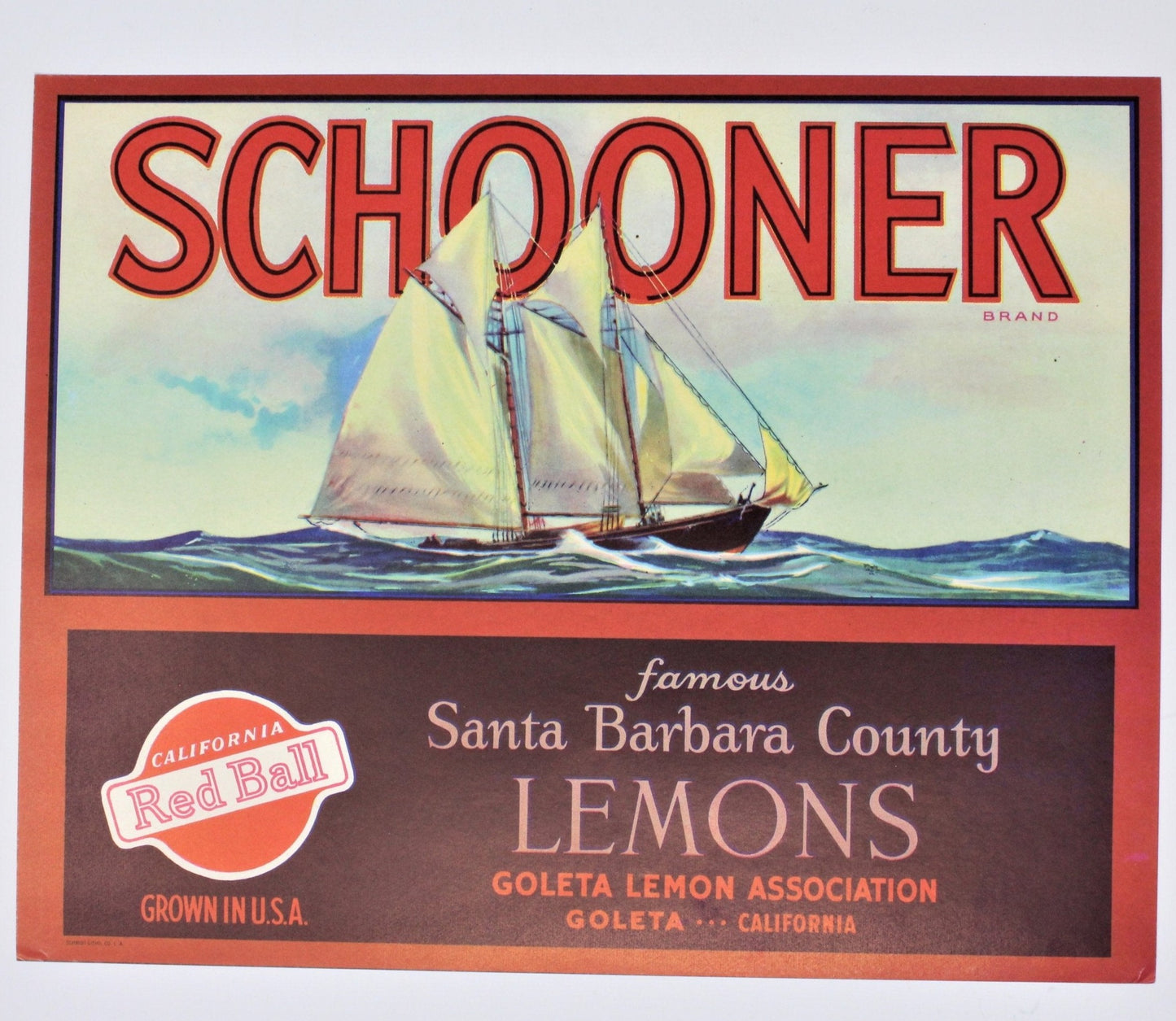 Crate Label, Schooner, Santa Barbara County Lemons, Original Lithograph, Vintage NOS