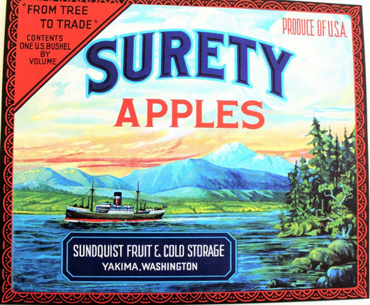 Crate Label, Surety Apples, Original Lithograph, 1920's NOS