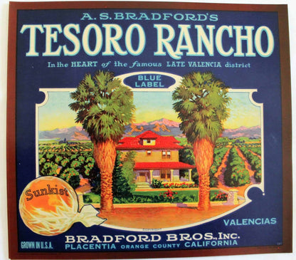 Crate Label, Tesoro Rancho Sunkist Oranges, Original Lithograph, 1930's, NOS, Vintage