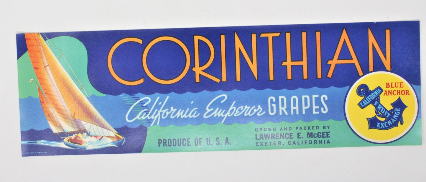 Crate Label, Corinthian California Emperor Grapes, Original Lithograph, Vintage NOS