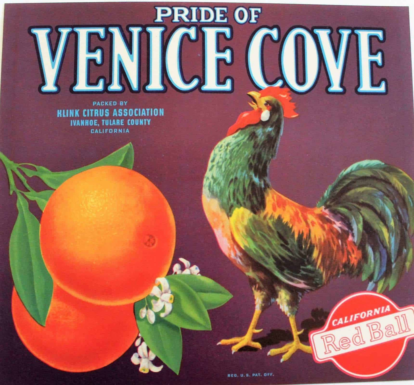 Crate Label, Pride of Venice Cove Rooster, Original Lithograph, 1940's, NOS