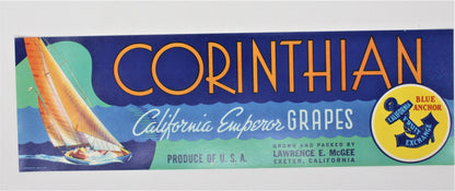 Crate Label, Corinthian California Emperor Grapes, Original Lithograph, Vintage NOS