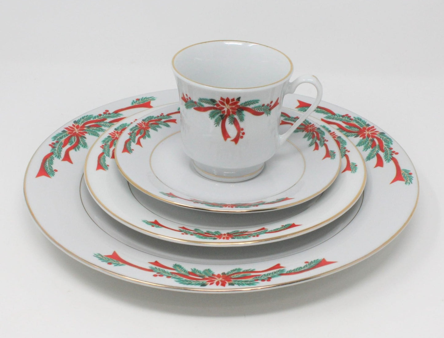 Dinnerware, Tienshan Fairfield, Poinsettia & Ribbons, 16 Pcs, Vintage, SOLD