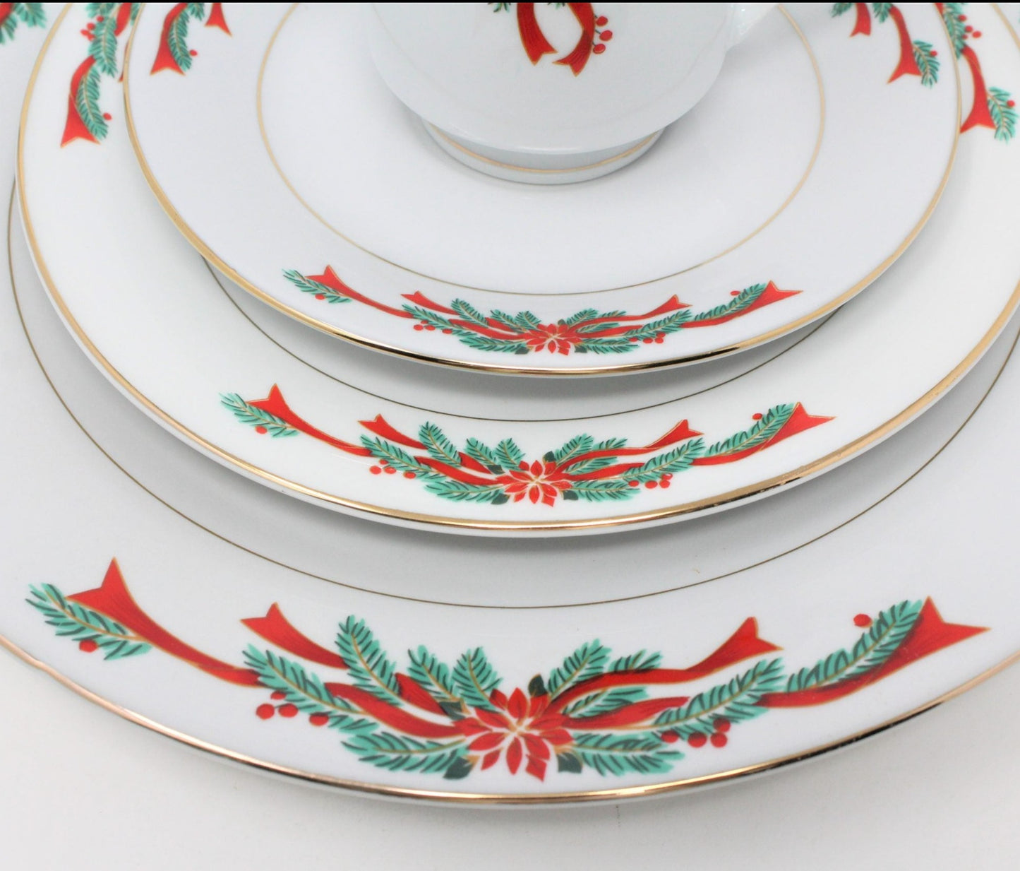 Dinnerware, Tienshan Fairfield, Poinsettia & Ribbons, 16 Pcs, Vintage, SOLD