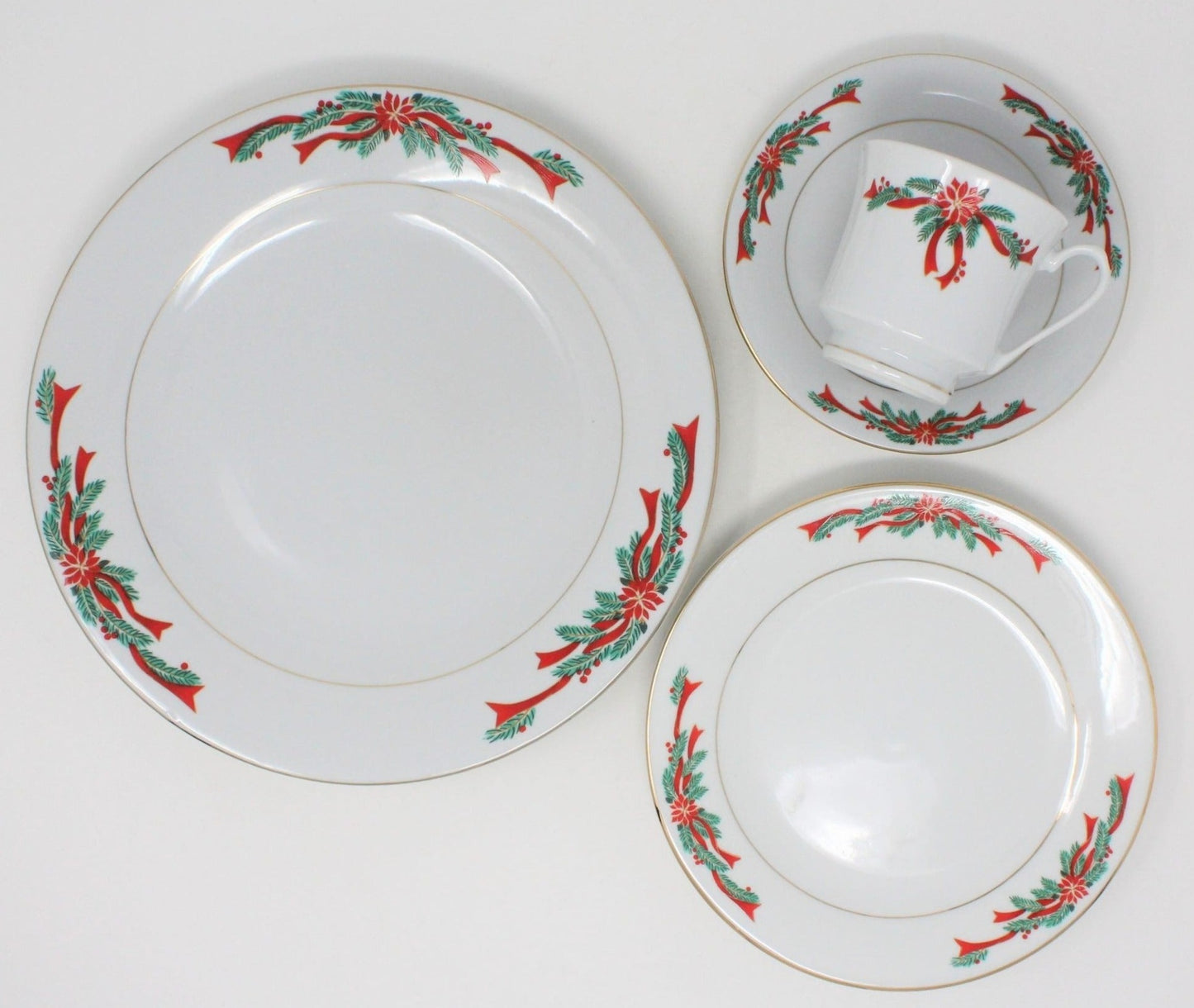 Dinnerware, Tienshan Fairfield, Poinsettia & Ribbons, 16 Pcs, Vintage, SOLD