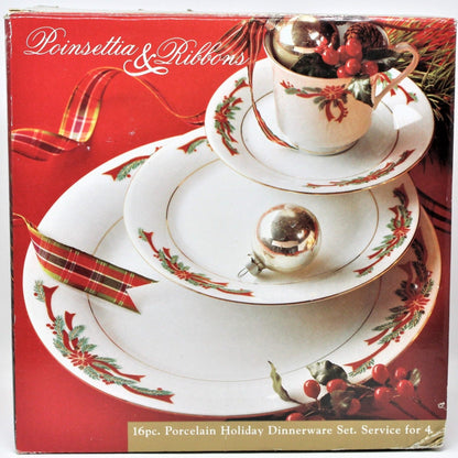 Dinnerware, Tienshan Fairfield, Poinsettia & Ribbons, 16 Pcs, Vintage, SOLD