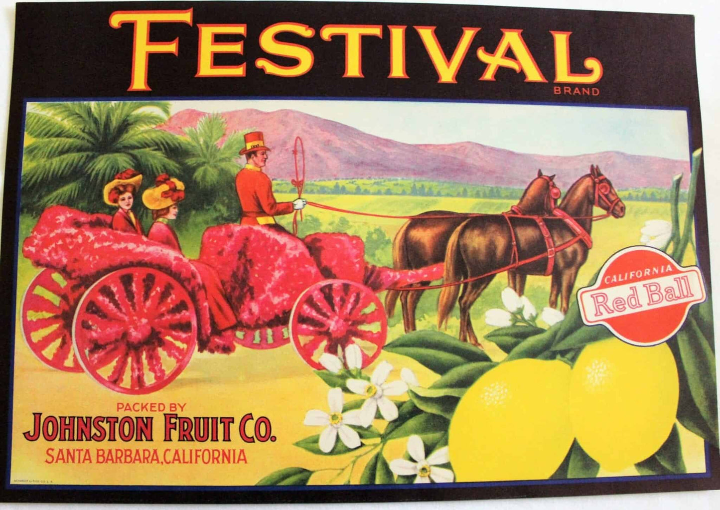 Crate Label, Festival Lemons Johnston Fruit Co, Original Lithograph, NOS, Vintage