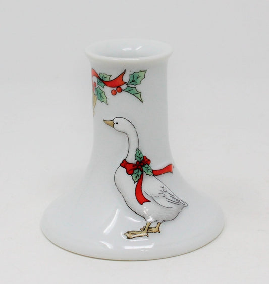 Candle Holder, Christmas Goose with Red Ribbon & Bells, Porcelain Vintage