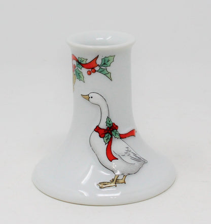 Candle Holder, Christmas Goose with Red Ribbon & Bells, Porcelain Vintage