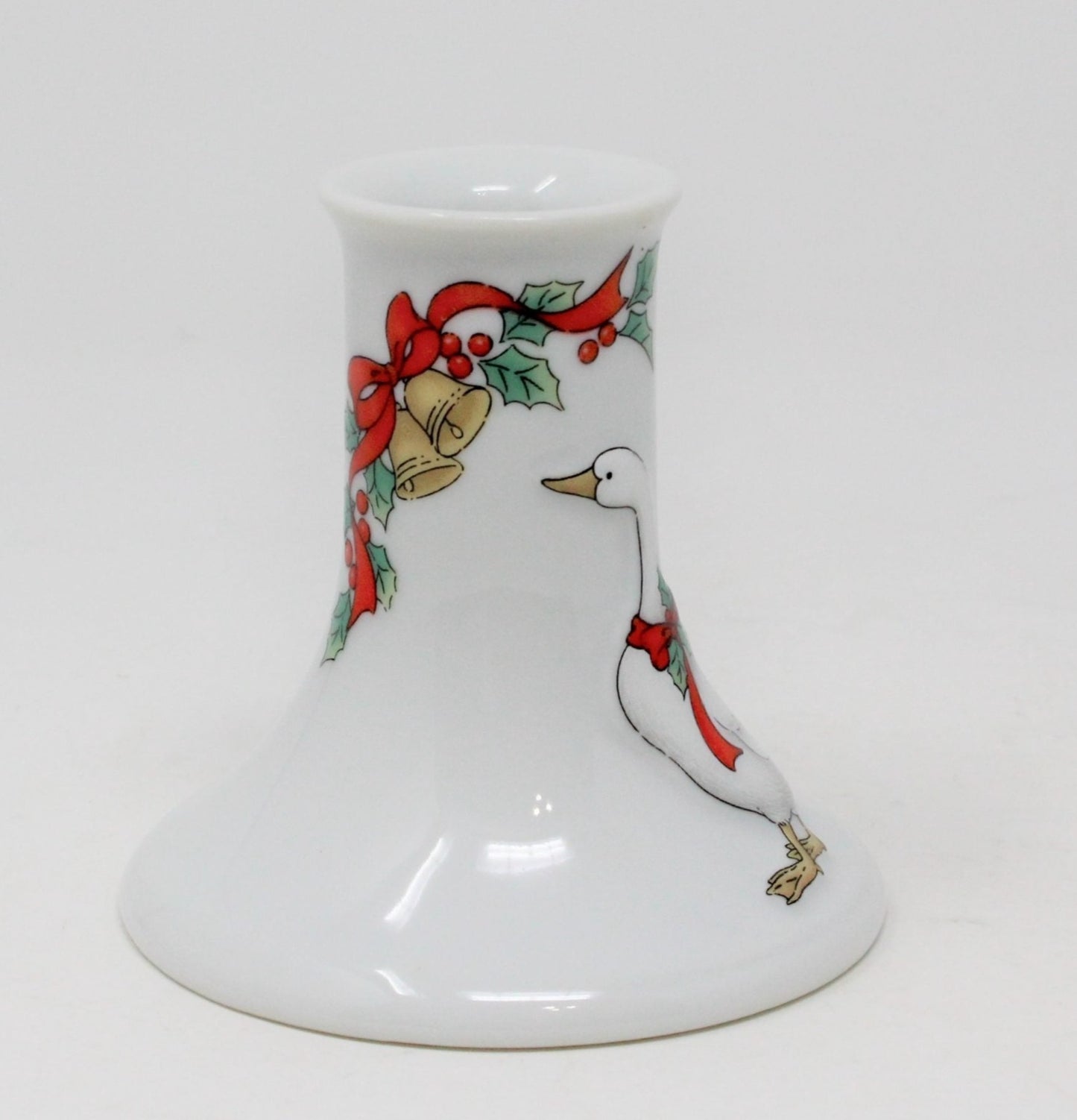 Candle Holder, Christmas Goose with Red Ribbon & Bells, Porcelain Vintage