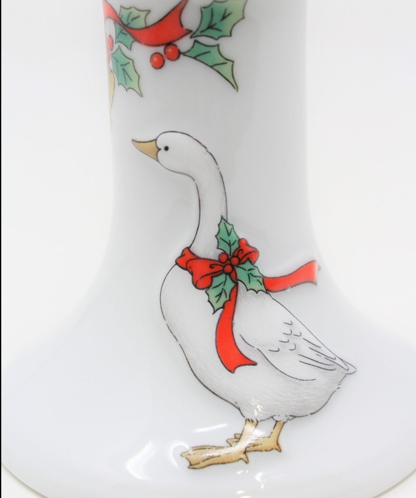 Candle Holder, Christmas Goose with Red Ribbon & Bells, Porcelain Vintage