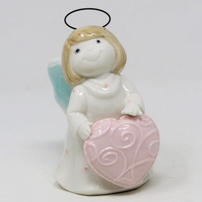 Figurine, Angel Holding Pink Heart, Ceramic with Wire Halo, Vintage