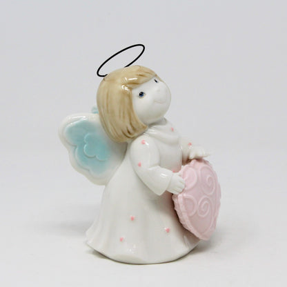 Figurine, Angel Holding Pink Heart, Ceramic with Wire Halo, Vintage