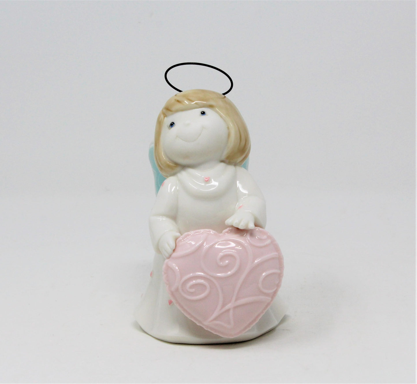 Figurine, Angel Holding Pink Heart, Ceramic with Wire Halo, Vintage