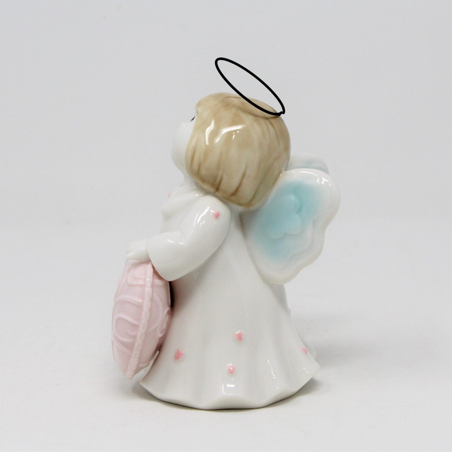 Figurine, Angel Holding Pink Heart, Ceramic with Wire Halo, Vintage