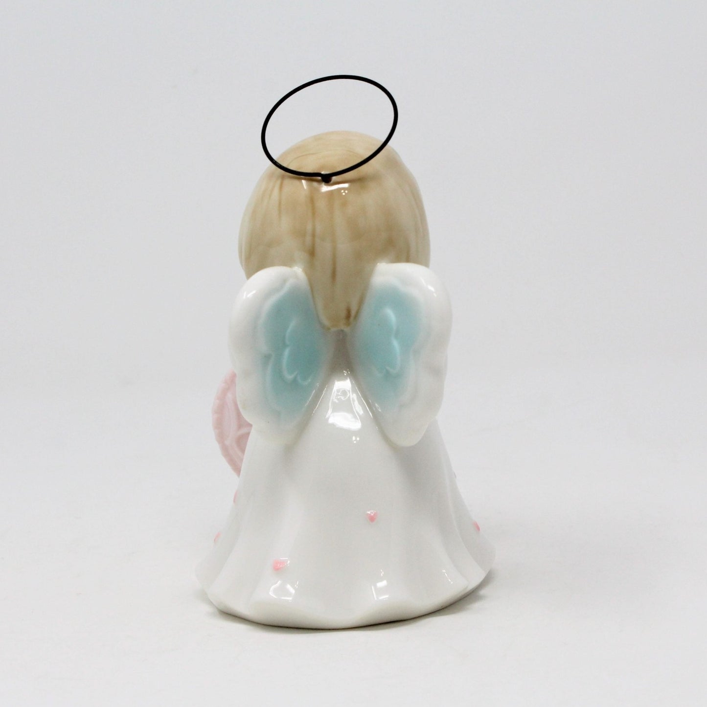 Figurine, Angel Holding Pink Heart, Ceramic with Wire Halo, Vintage