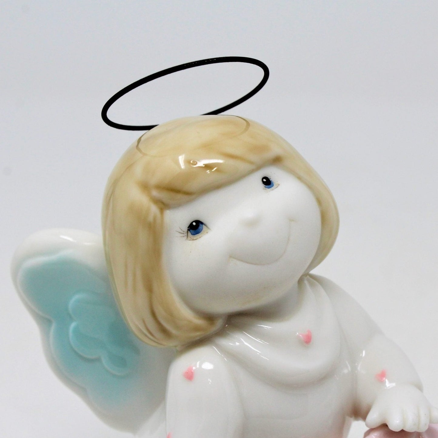 Figurine, Angel Holding Pink Heart, Ceramic with Wire Halo, Vintage