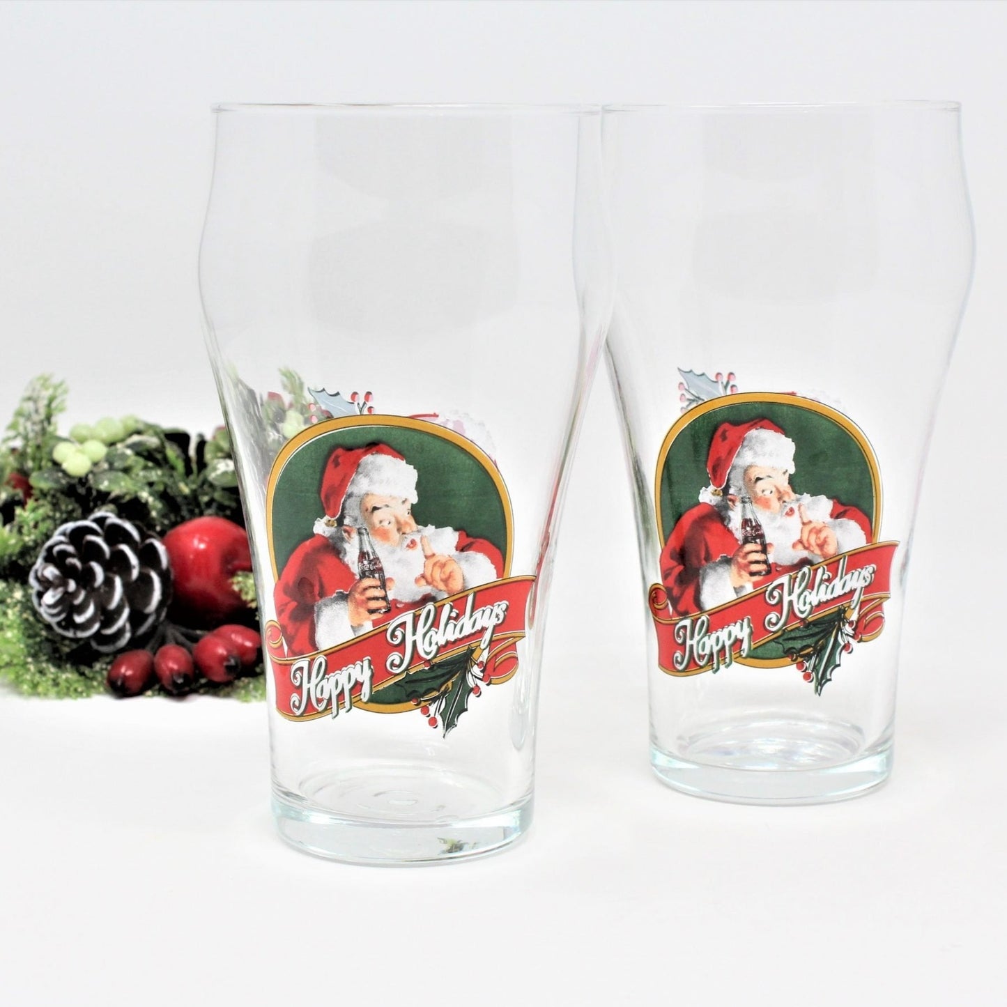 Coca Cola Bell Glasses, Happy Holidays, Santa, Set of 2