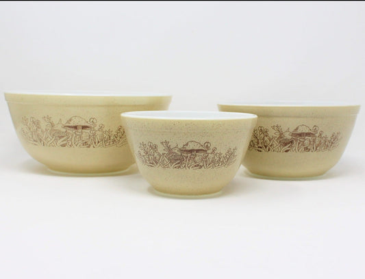 Mixing Bowl Set, Pyrex, Forest Fancies Mushrooms, Set of 3, Vintage Corning