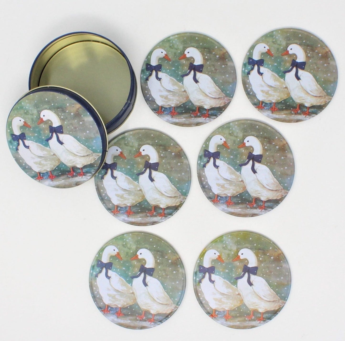 Coasters, J.S.N.Y., Blue Bow Geese in Box, Tin, Vintage