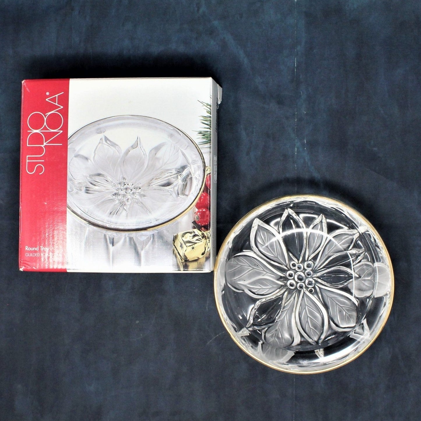 Bon Bon / Candy Dish, Studio Nova, Gilded Poinsettia, Round Tray in Box, Vintage