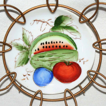 Decorative Plates, Fruits, Hand Painted, Wire Frames, Set of 2, Vintage Japan