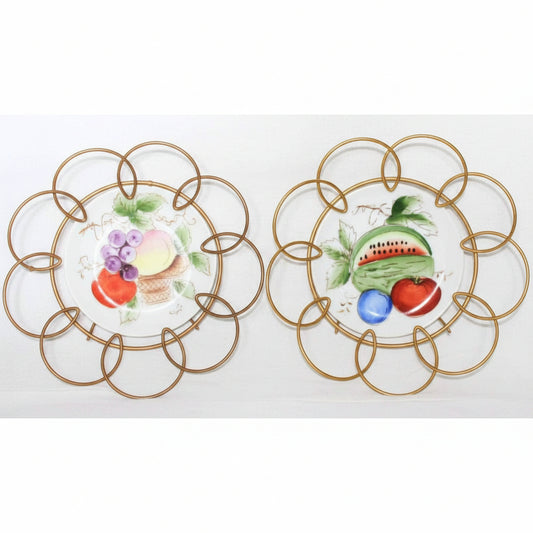 Decorative Plates, Hand Painted Fruit, Brass Wire Frames, Set of 2, Porcelain, Japan, Vintage 1950s