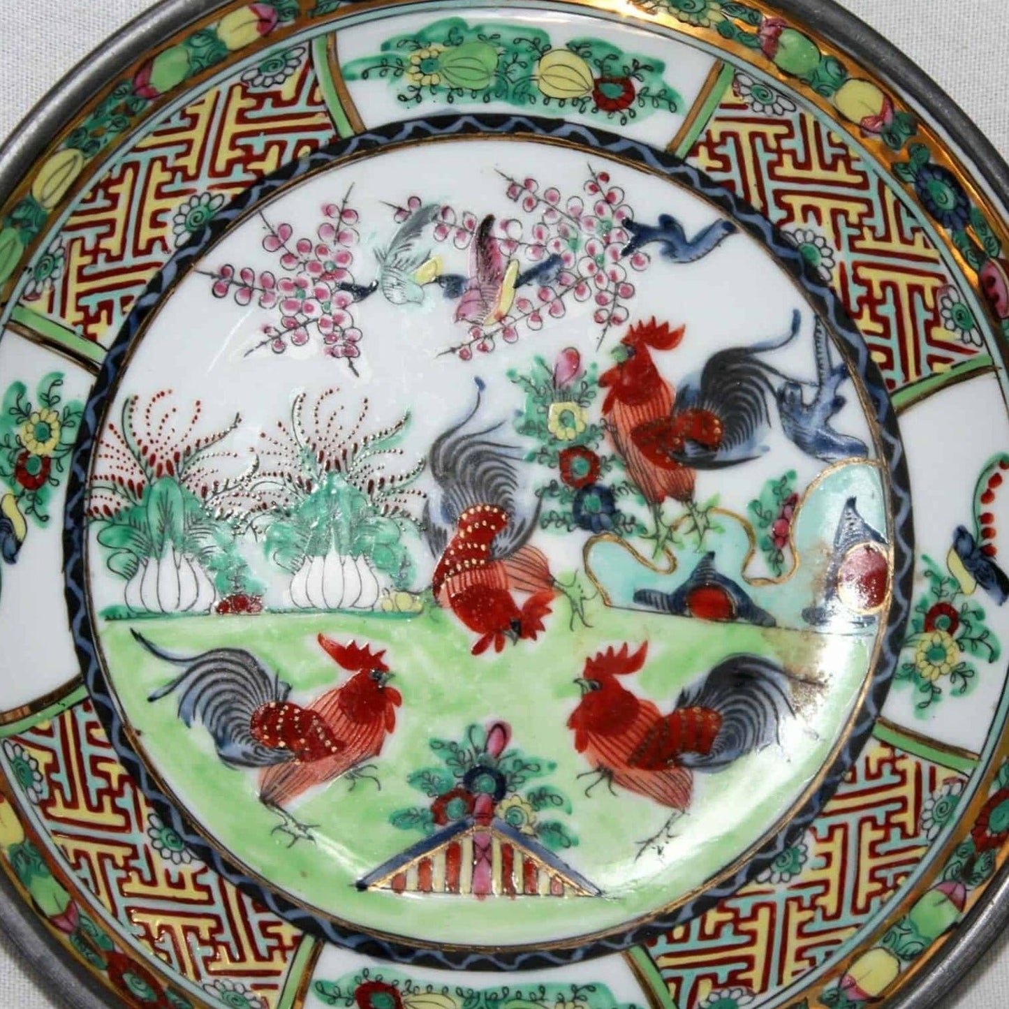 Decorative Bowl, Encased in Pewter, Roosters, Vintage Japan