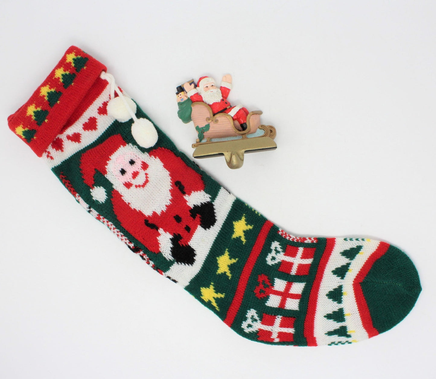Stocking Hanger & Stocking, Santa Claus, Cast Iron, Vintage