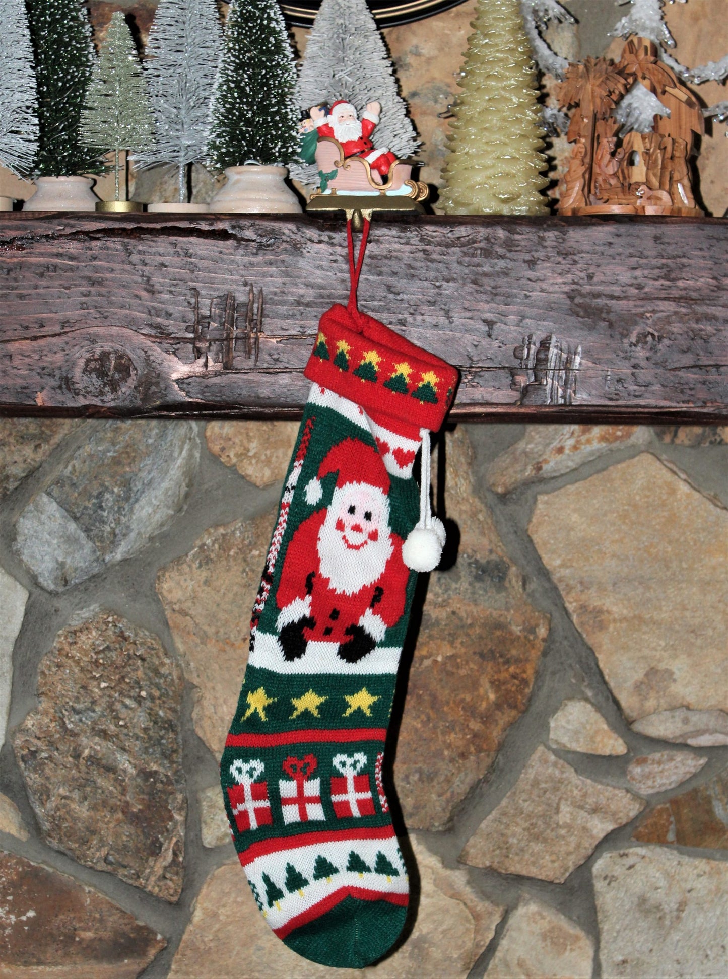 Stocking Hanger & Stocking, Santa Claus, Cast Iron, Vintage