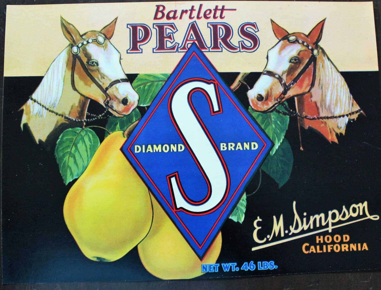 Crate Label, Diamond S, Bartlett Pears, Original Lithograph, 1940's NOS, Vintage