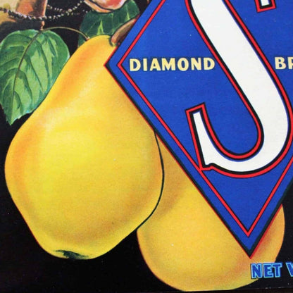 Crate Label, Diamond S, Bartlett Pears, Original Lithograph, 1940's NOS, Vintage