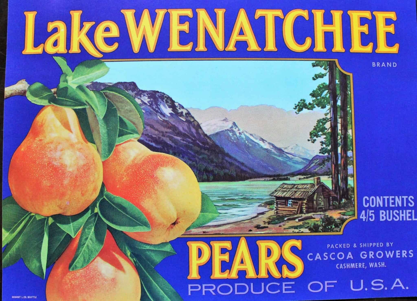 Crate Label, Lake Wenatchee Pears, Blue, Original Lithograph, NOS, Vintage