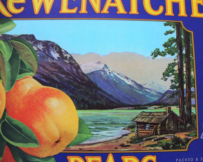 Crate Label, Lake Wenatchee Pears, Blue, Original Lithograph, NOS, Vintage