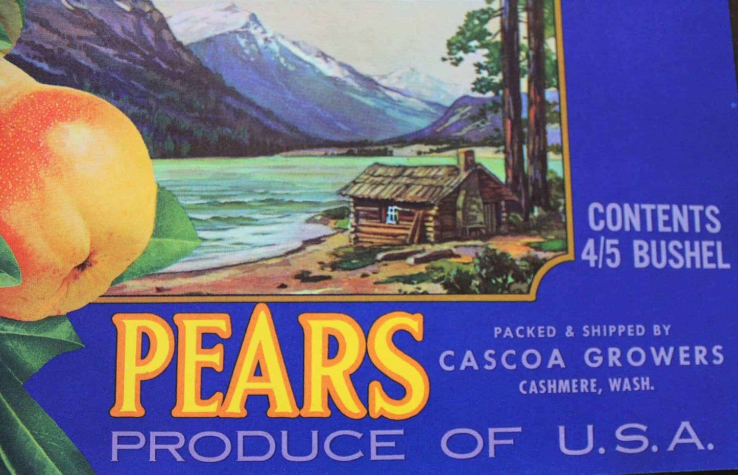 Crate Label, Lake Wenatchee Pears, Blue, Original Lithograph, NOS, Vintage