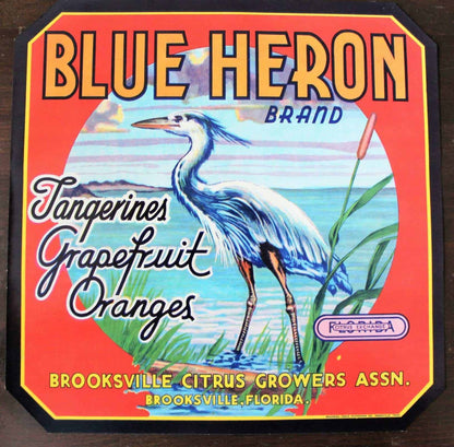Crate Label, Blue Heron Florida Citrus, Original Lithograph, 1940's NOS Vintage, SOLD