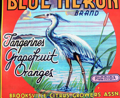Crate Label, Blue Heron Florida Citrus, Original Lithograph, 1940's NOS Vintage, SOLD