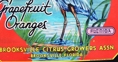 Crate Label, Blue Heron Florida Citrus, Original Lithograph, 1940's NOS Vintage, SOLD
