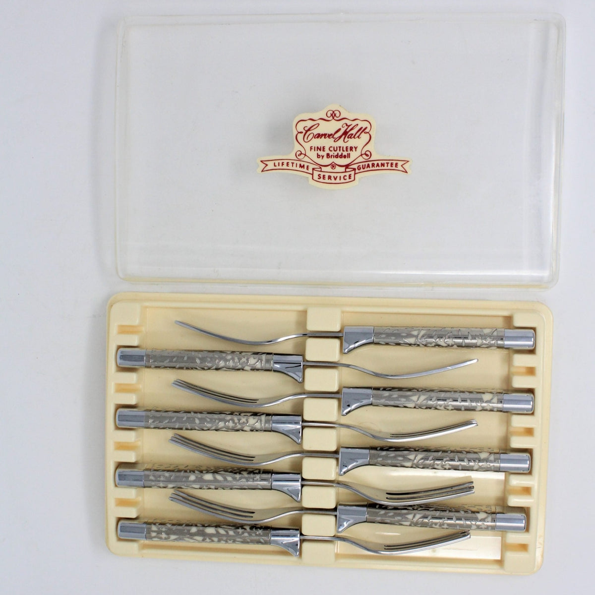 Steak Forks: Briddell Carvel Hall, Classic, Stainless with Silver-Tone Overlay Handles, Set of 8, Original Box, Crisfield MD USA, Vintage 1951 - SOLD