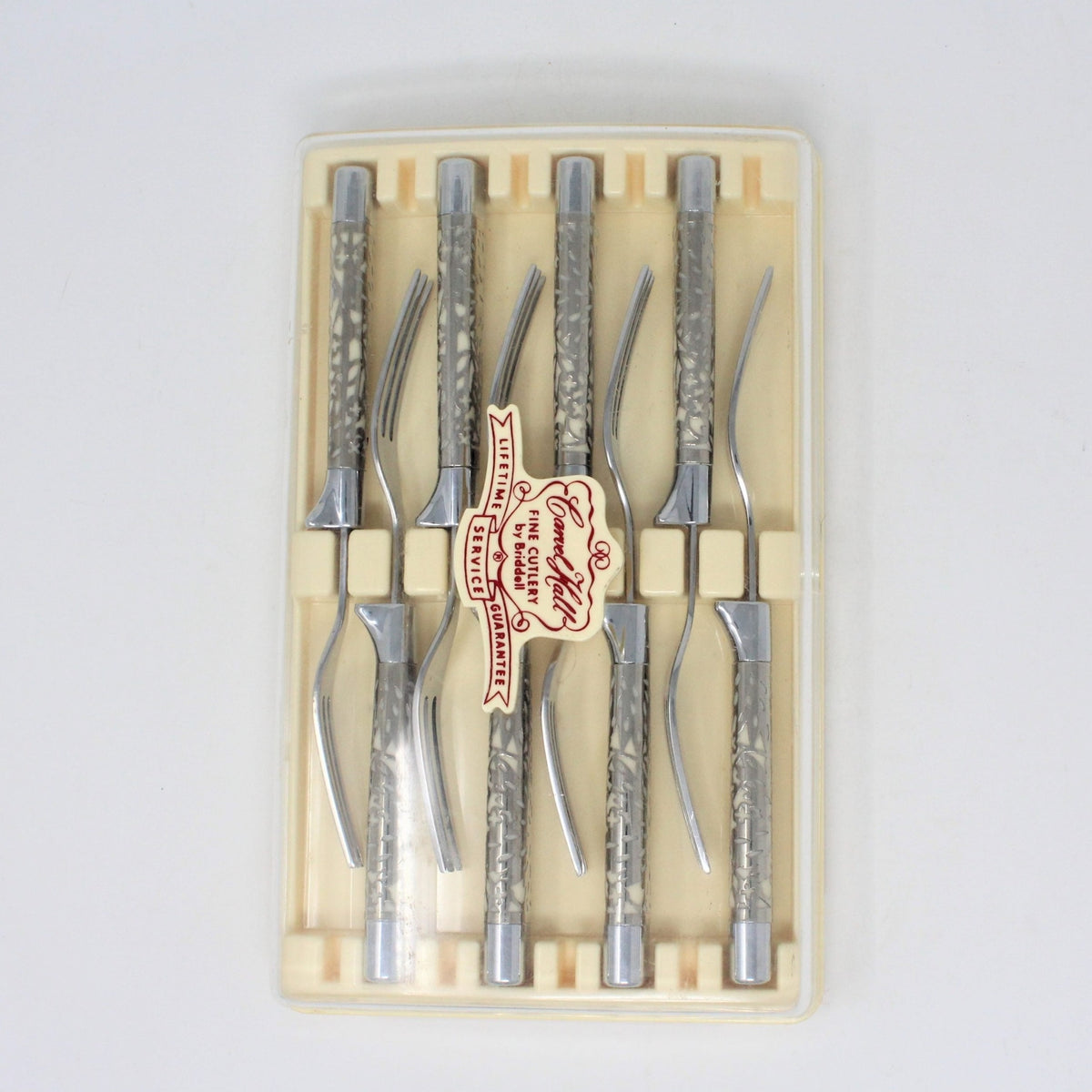 Steak Forks: Briddell Carvel Hall, Classic, Stainless with Silver-Tone Overlay Handles, Set of 8, Original Box, Crisfield MD USA, Vintage 1951 - SOLD
