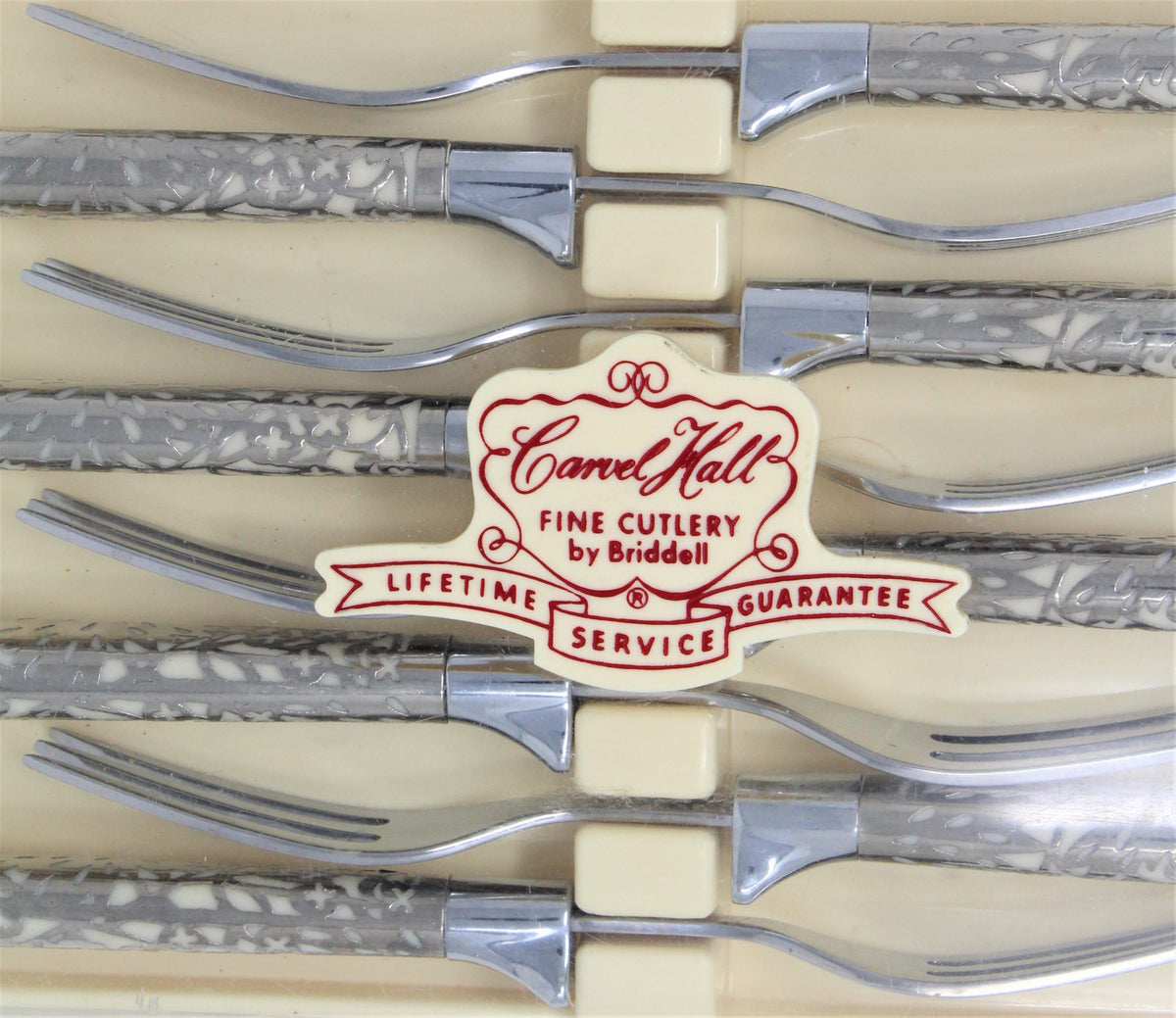 Steak Forks: Briddell Carvel Hall, Classic, Stainless with Silver-Tone Overlay Handles, Set of 8, Original Box, Crisfield MD USA, Vintage 1951 - SOLD